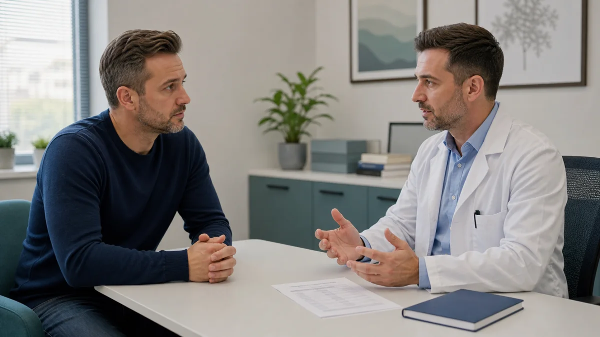 Volwassen man in gesprek met een arts in een medische kliniek voor hormoononderzoek
