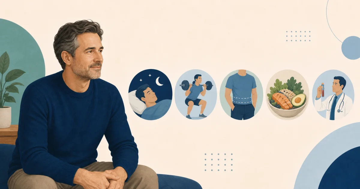 Man met symbolen voor slaap, krachttraining, een gezond middel, evenwichtige voeding en medisch bloedonderzoek