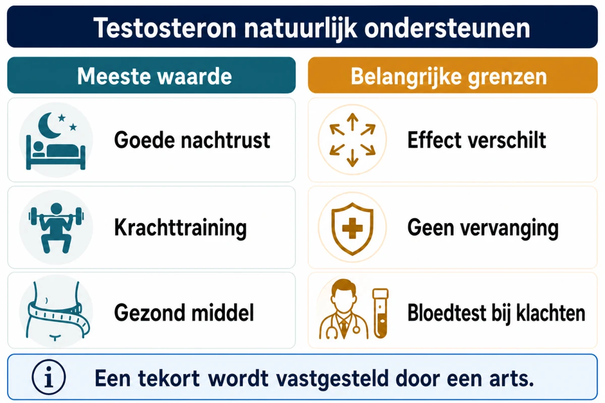 Infographic over natuurlijke hefbomen en belangrijke grenzen bij het ondersteunen van testosteron