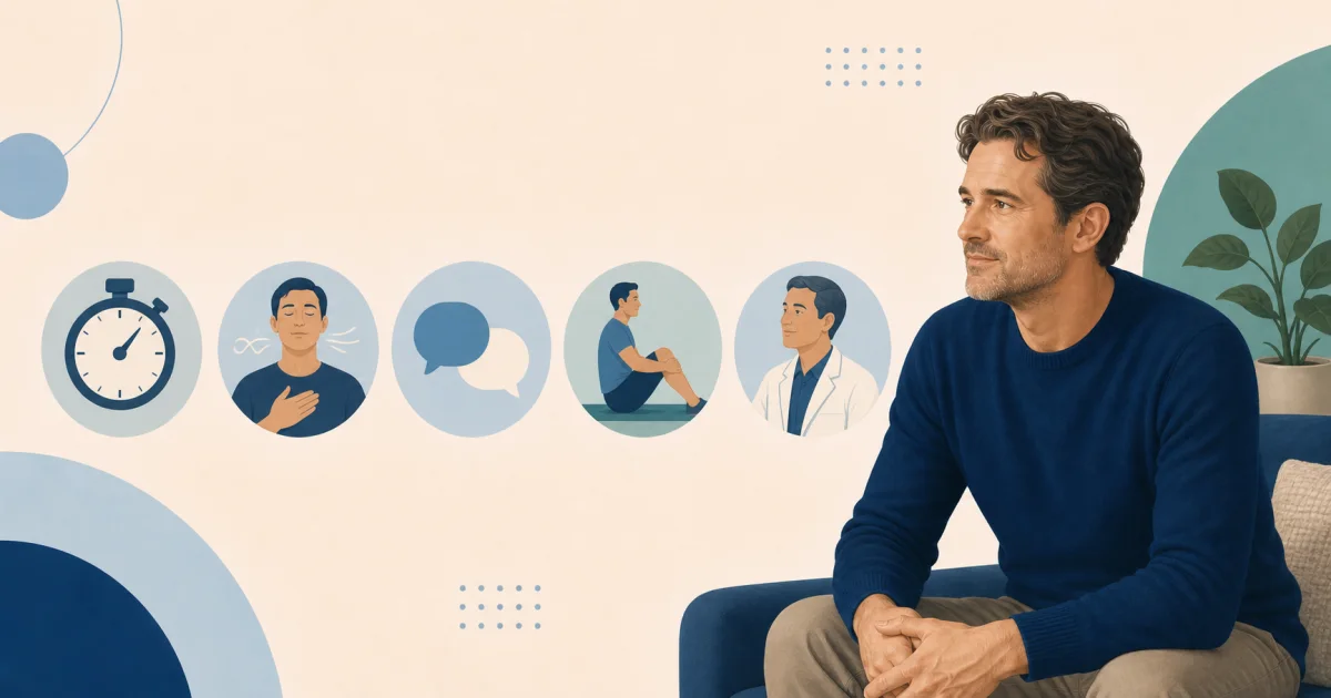 Man met symbolen voor tijd, ontspanning, communicatie, bekkenbodemoefeningen en professionele begeleiding