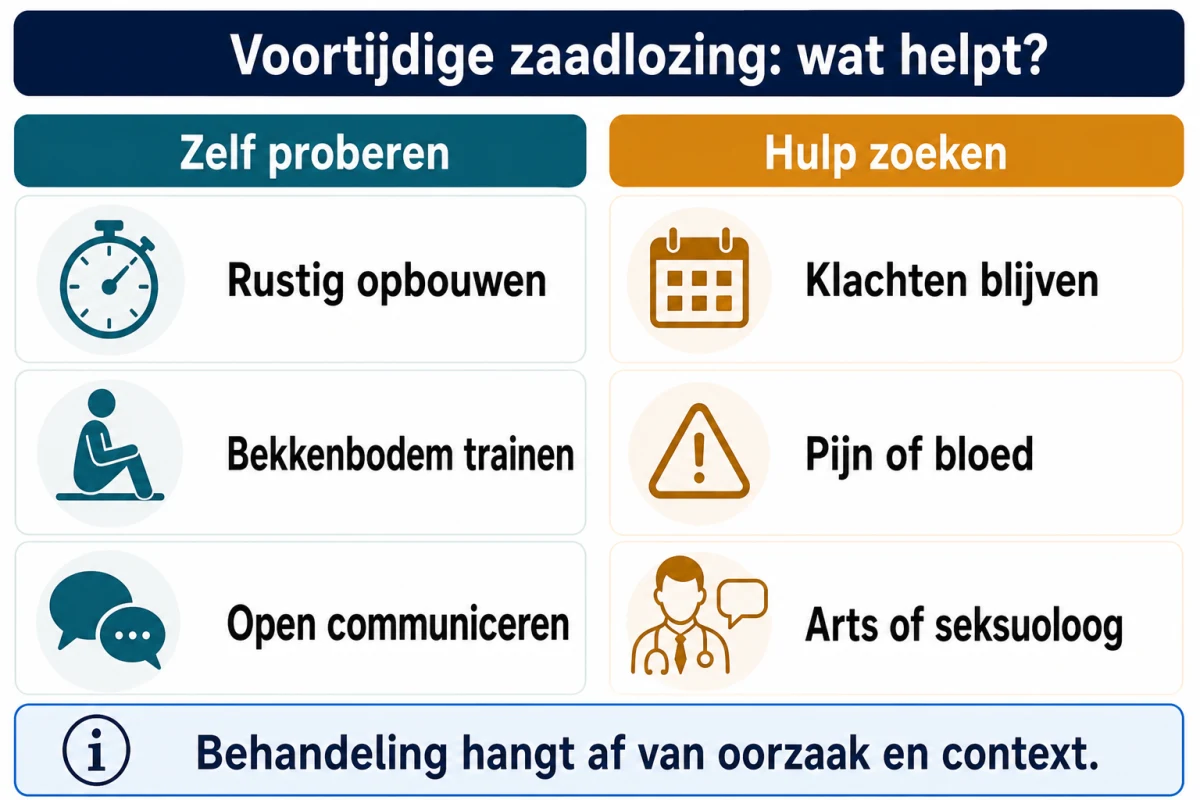 Infographic met zelfhulpstappen en signalen om hulp te zoeken bij voortijdige zaadlozing